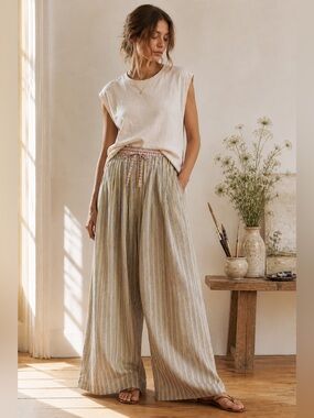 Anthropologie | Striped Cotton Wide-Leg Pants | Drawstring Waist | XS